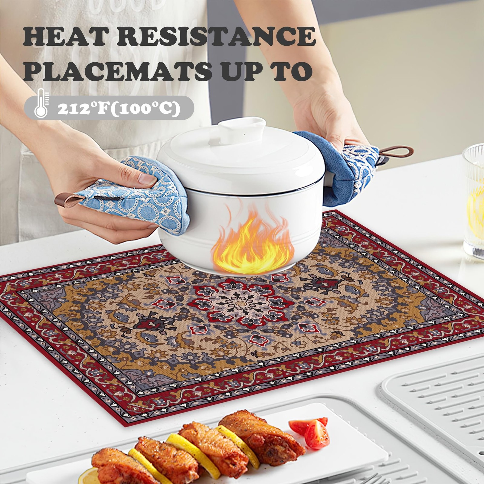 Ethnic Boho Linen Placemats Set of 6,12×18 Inch Vintage Bohemian Washable Tab…