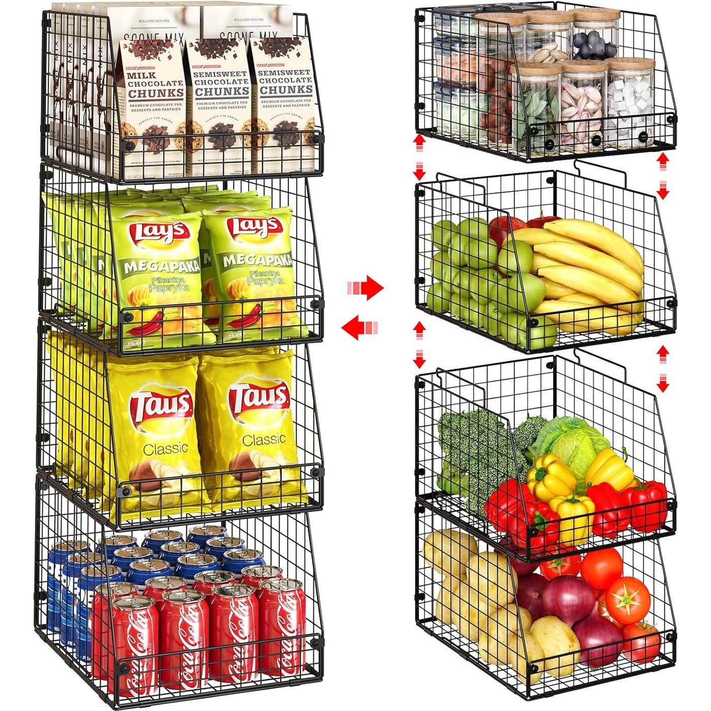 4 Pack XXL Stackable Wire Storage Basket Black Pantry Organizer