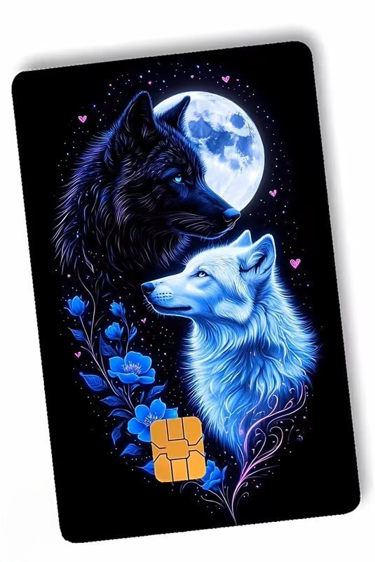 Black & White Wolves with Floral Full Moon Credit Card Skin Sticker | Mystic