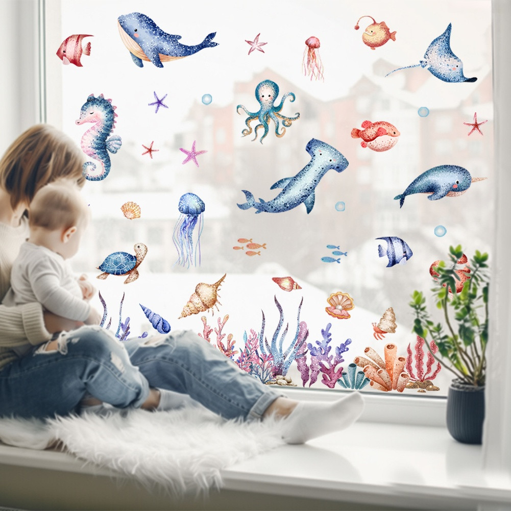 Double View Marine World Decal for Glass 11.81×23.62in Blue PVC Sticker