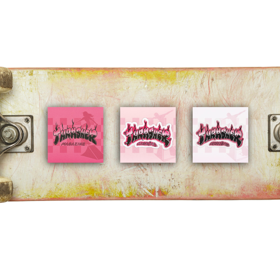 Skateboard Skating GLOSSY PINK Trasher Magazine Art Stickers – Group Set of 3