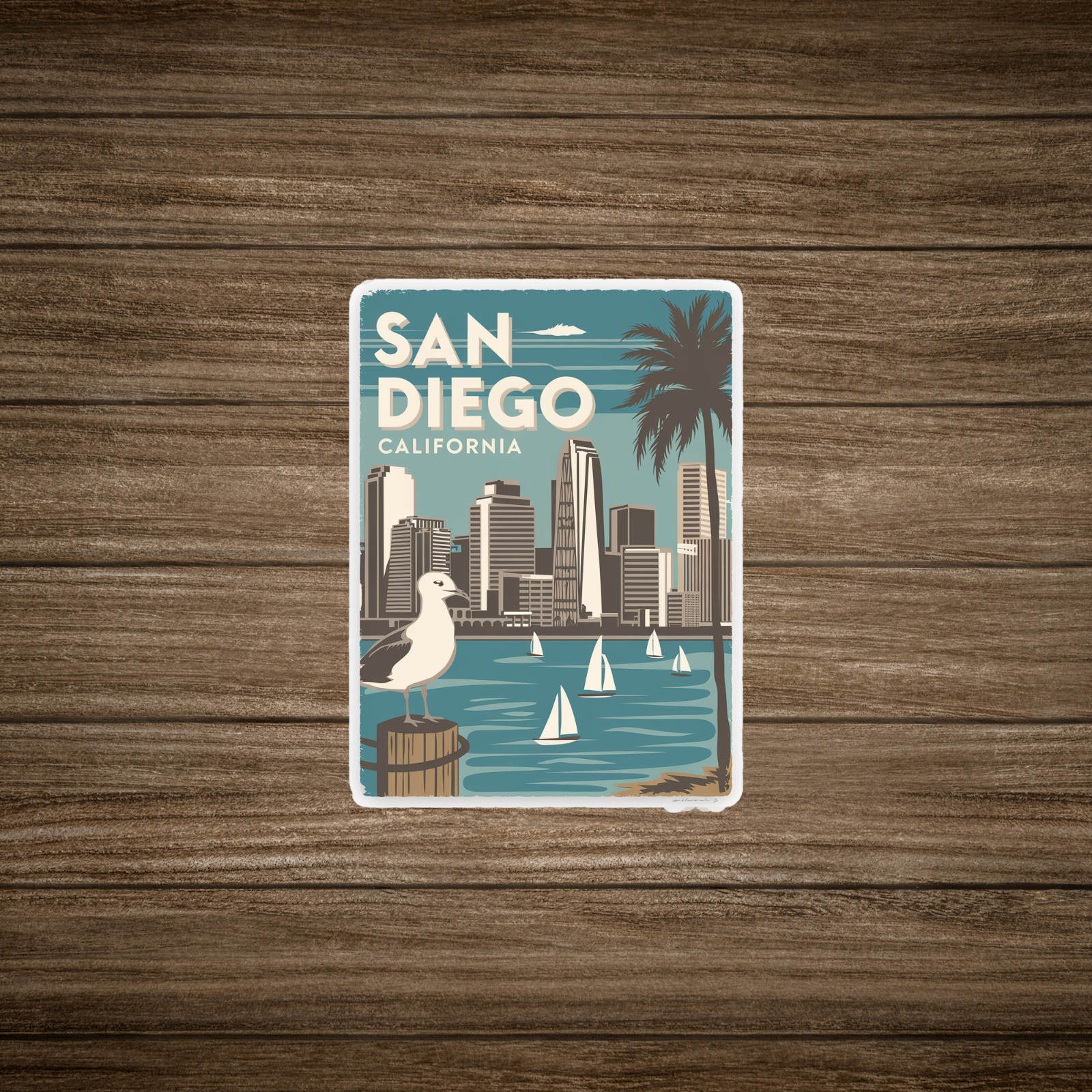 San Diego California Retro Travel sticker – Vintage Inspired Cityscape Wall Art