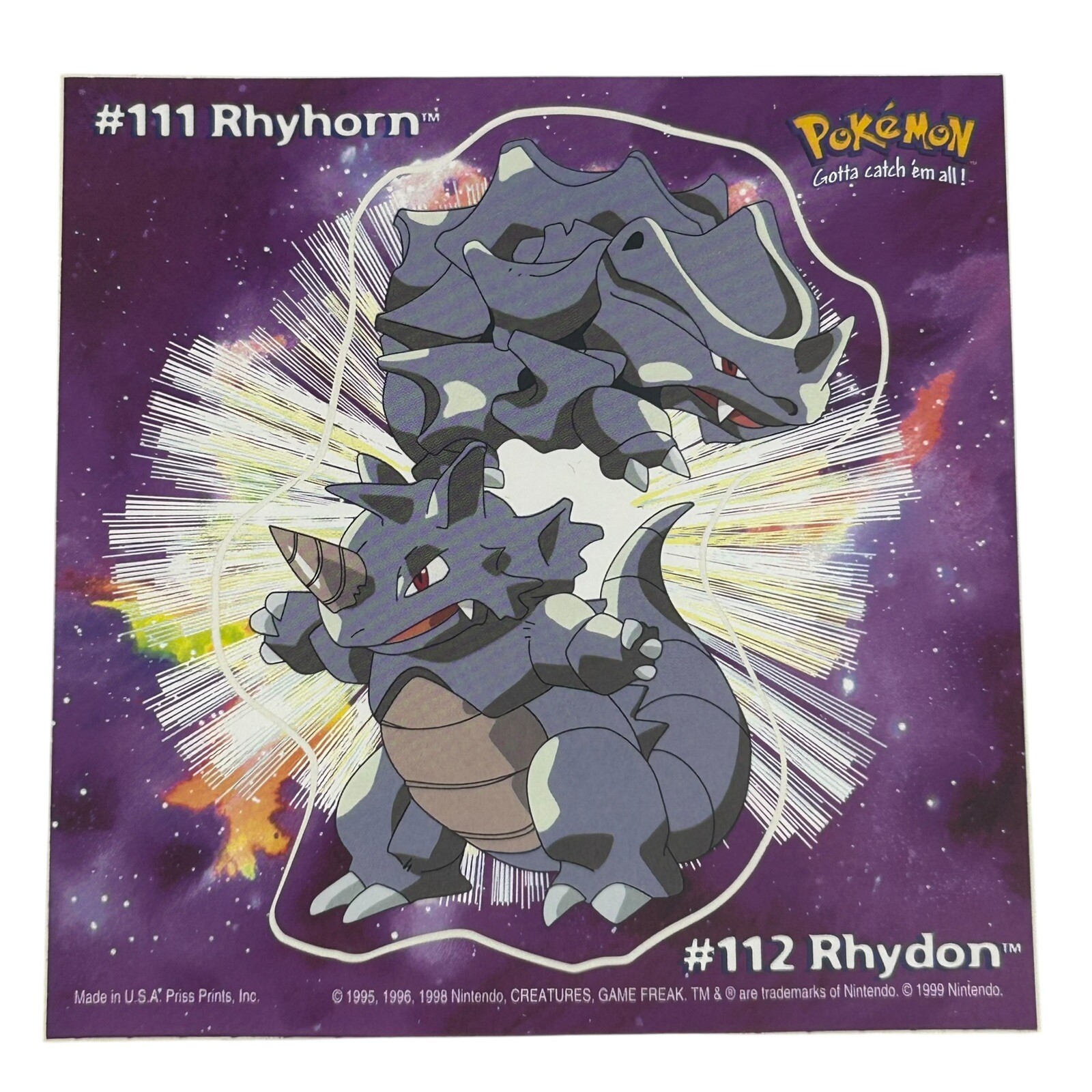 Pokemon Collect ’em Stick-Ups Rhyhorn #111 Large 4” Sticker Priss Prints