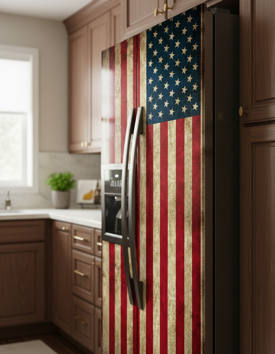 Vintage USA Flag Refrigerator Wrap Decal | Rustic American Patriotic Fridge