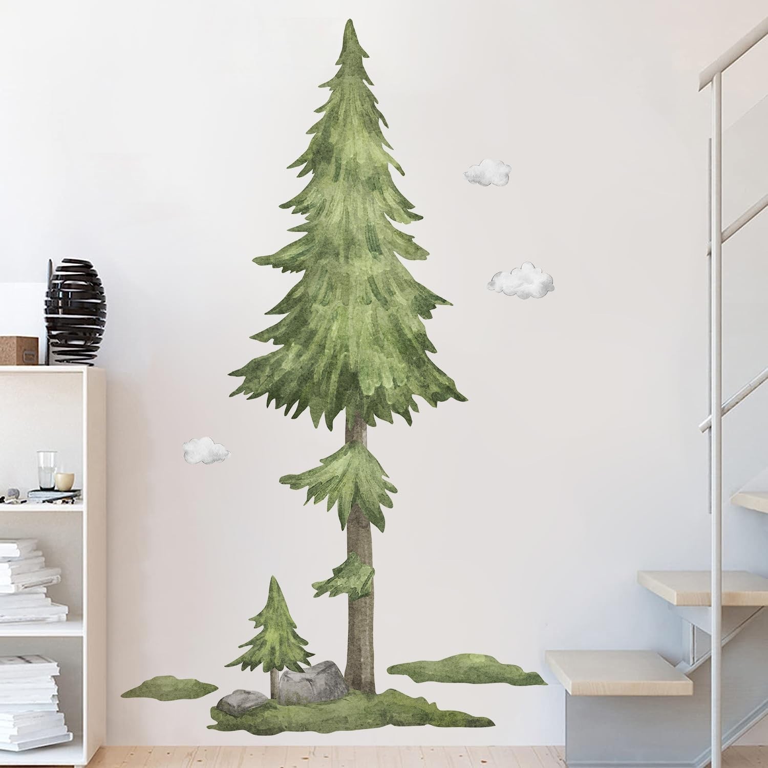 Wall Decals Large Pine Tree Elk Birds Watercolor Woodland Wall Stickers for Kids