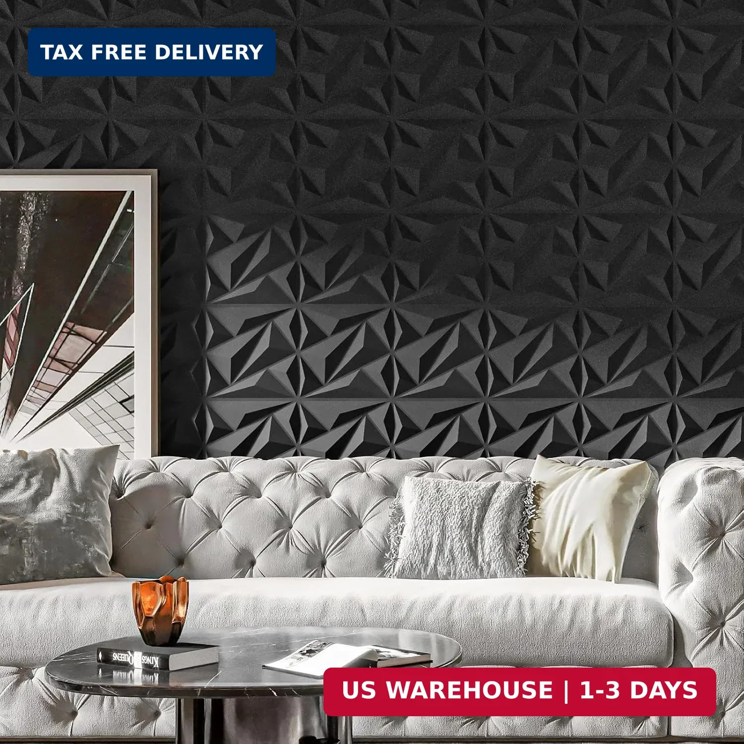Art3dwallpanels 33 Pack 3D Wall Panels Diamond, Black, 12"x12" | PVC Accent Wa