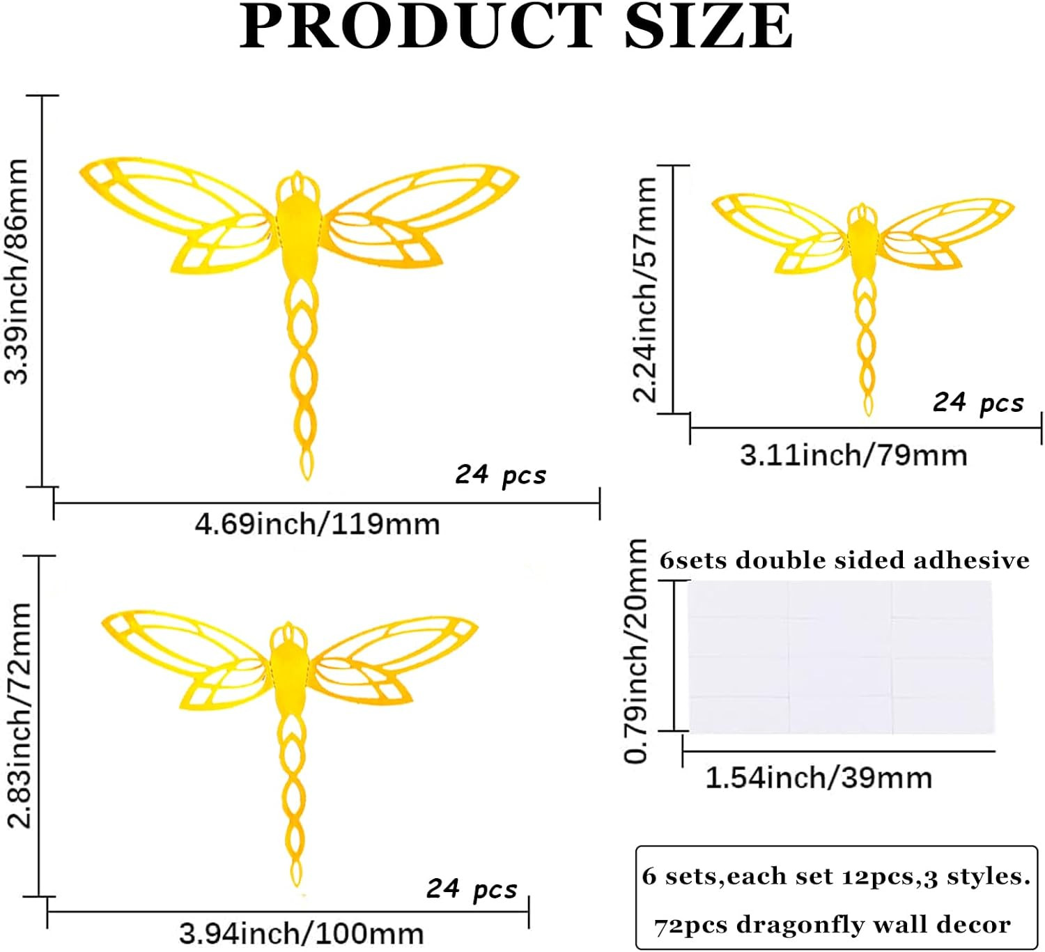 72 Pcs 3D Dragonfly Wall Decor Stickers, Removable Gold Dragonfly Decals 3 Sizes