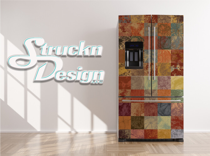Tan Mosaic Wood Stamp Tiles Art Deco Fridge Freezer Wrap Side Door Vinyl Decal