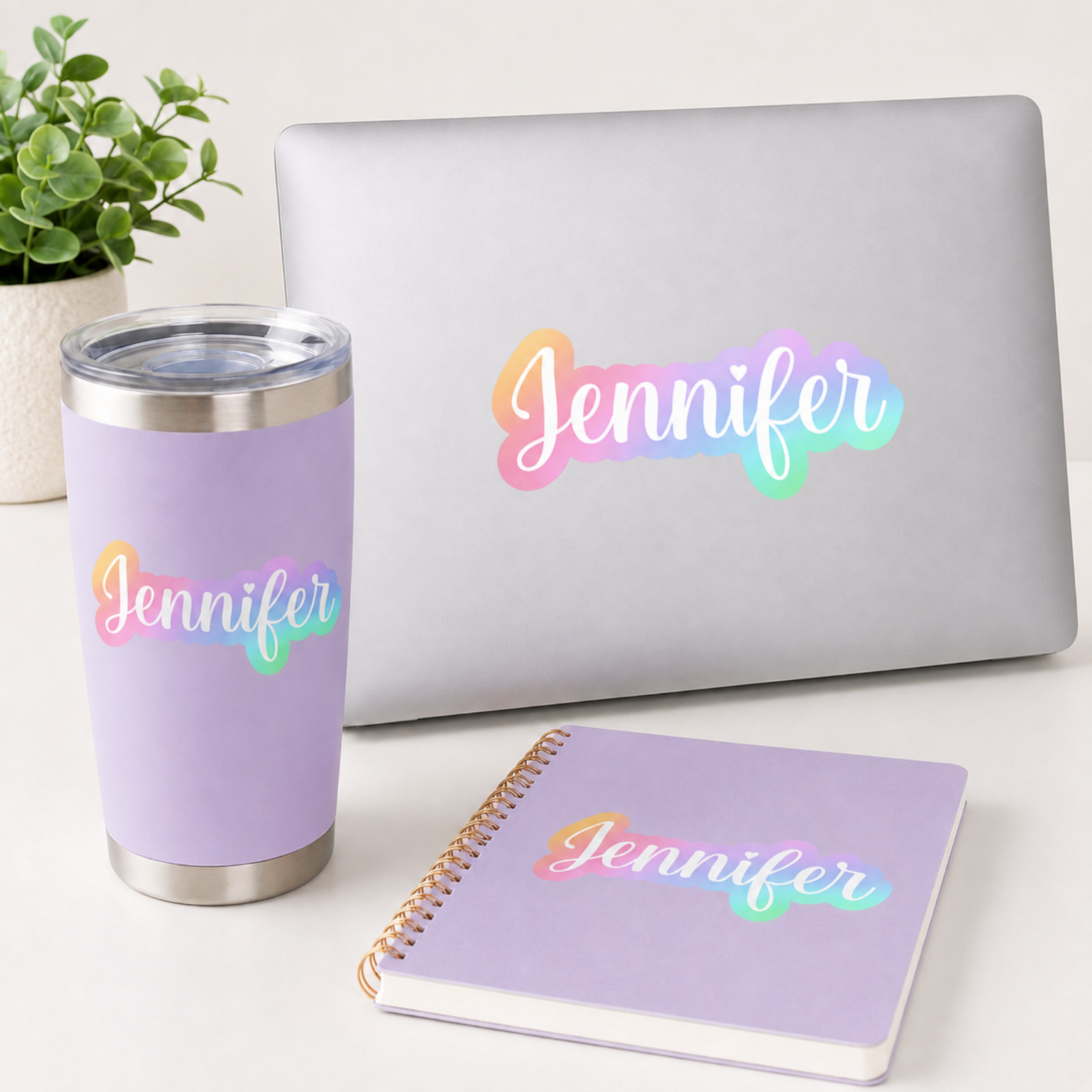 Set of 5 Custom Name Stickers, Pastel Rainbow Name Labels