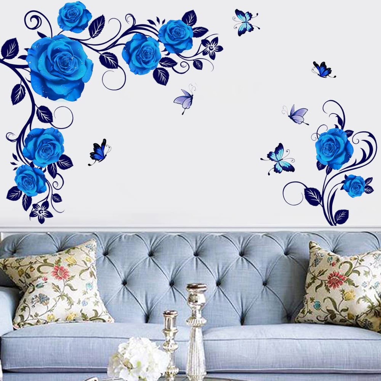 Runtoo Blue Rose Flower Wall Art Stickers Hanging Vine Floral Wall Decals Liv…