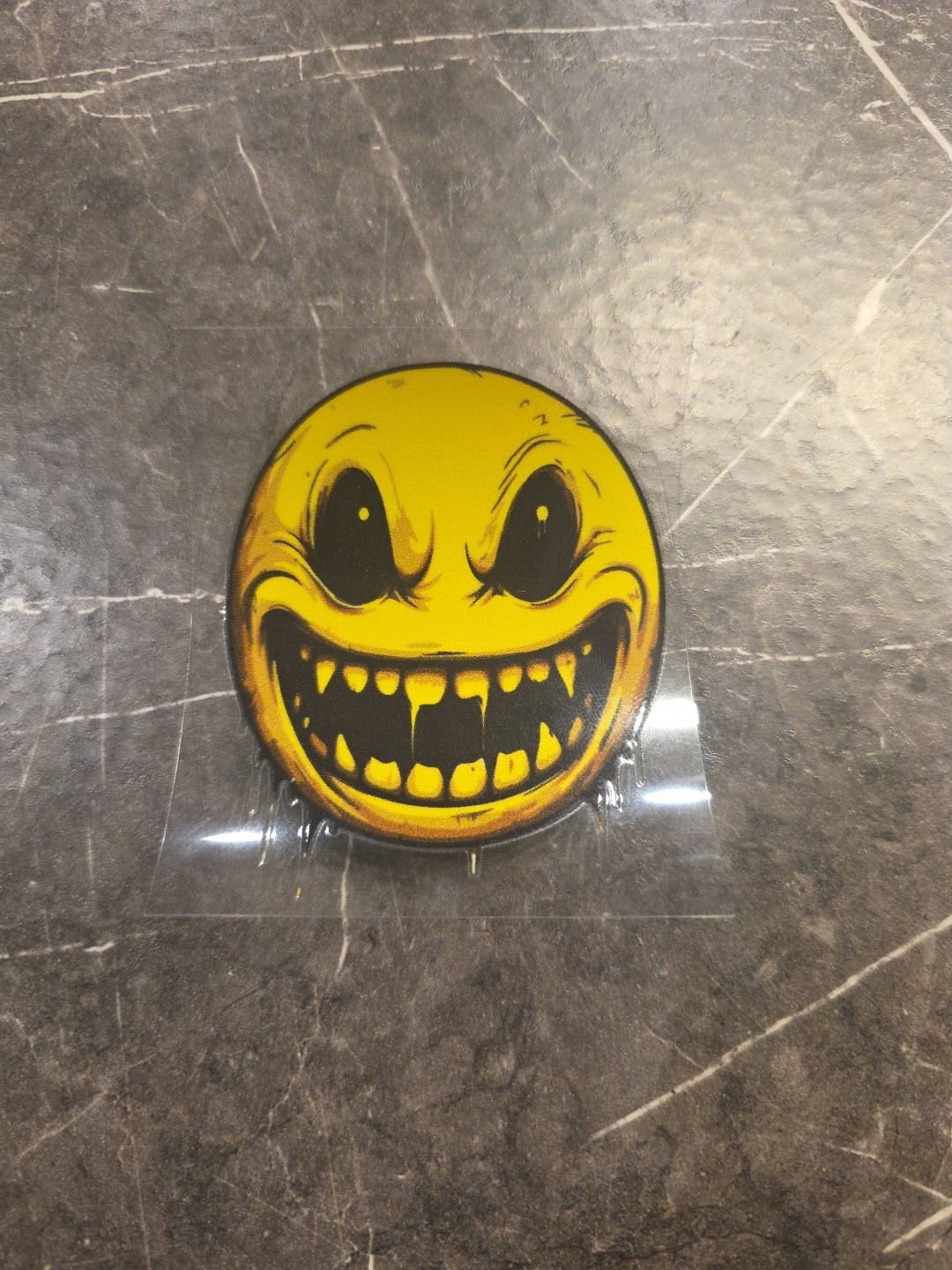 Evil Fanged Smiley Face Emiji UVDTF Raised Decal Sticker Full Color Waterproof
