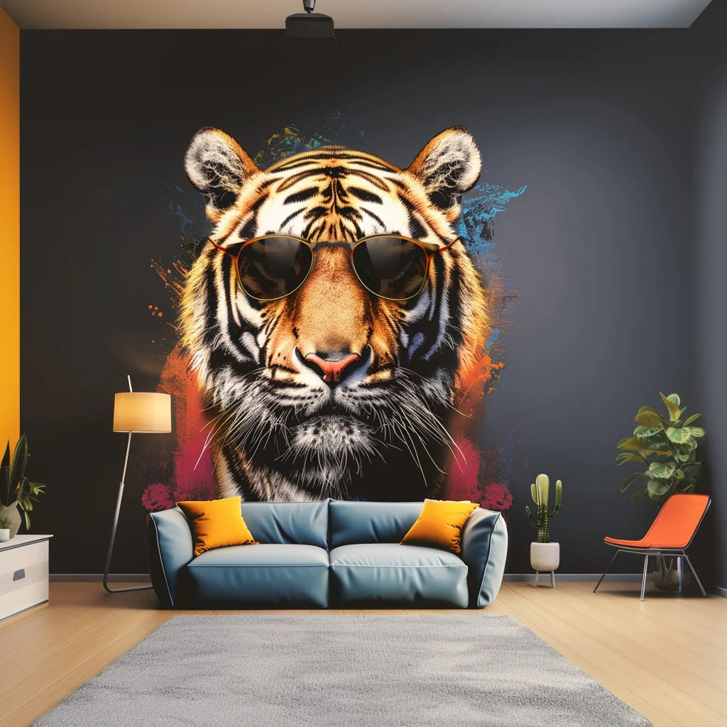 Graffiti Tiger Wall Sticker with Sunglasses | Bold and Vibrant Animal Art Decal