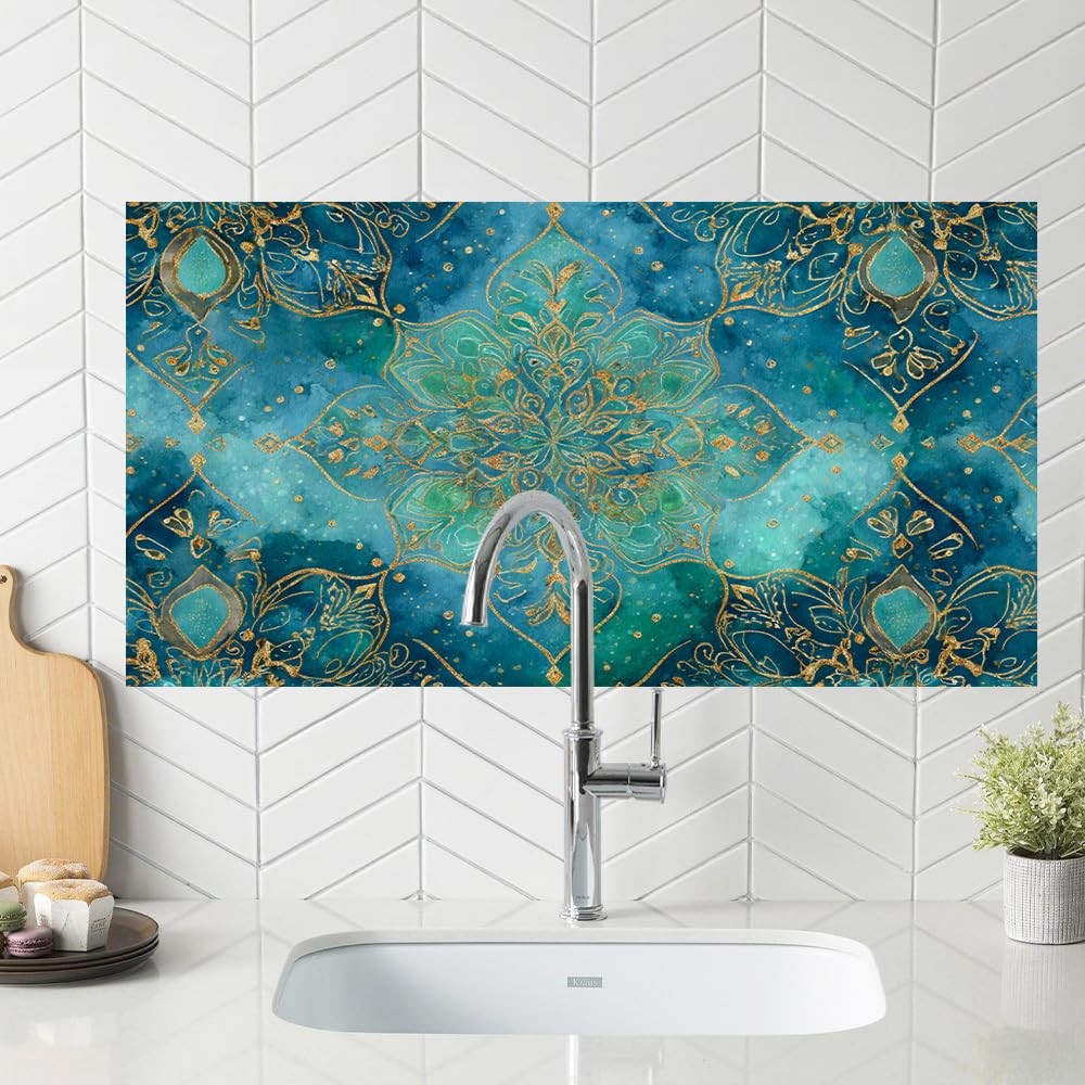 Peel and Stick Wall Sticker 30.3 x 16.1 Inch Blue Ornate Tile Pattern Decorat…