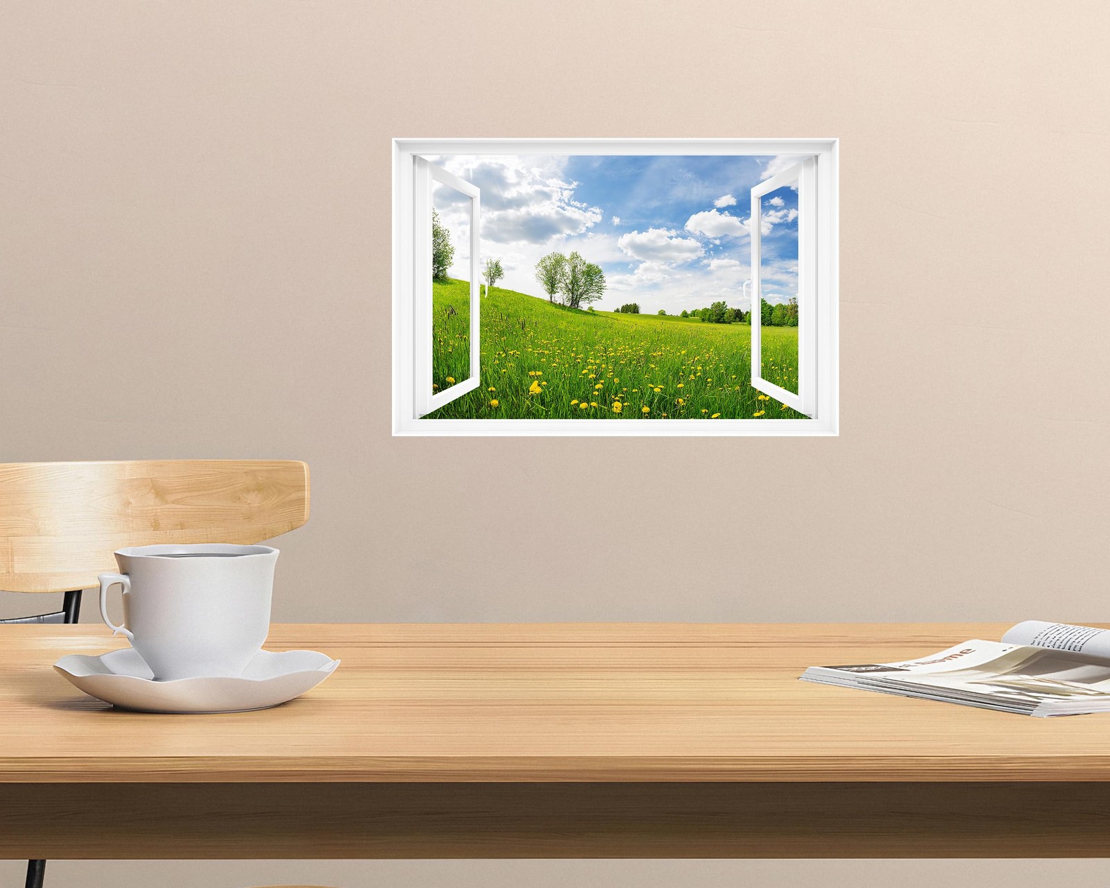 Fake Window Wall Decal – Spring Meadow View Faux Window Wall Mural for Home D…