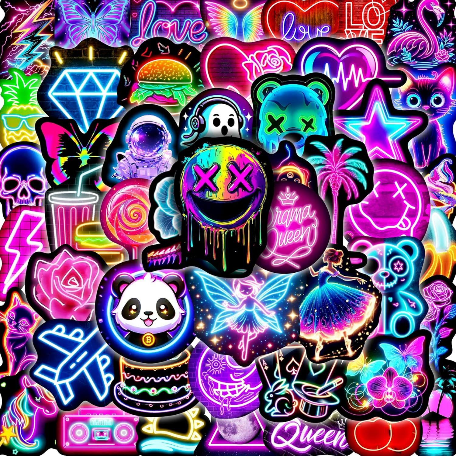 Neon Water Bottle Stickers for Kids, 70 Pcs Waterproof Vinyl Laptop Decals, Teen