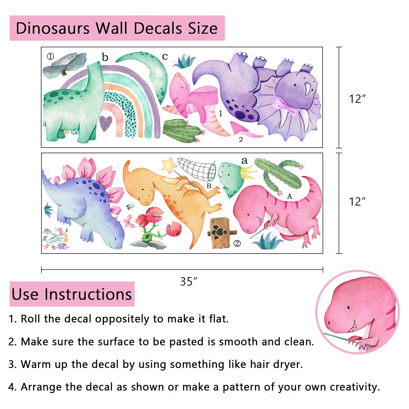 Girls Dinosaur Wall Decals Stickers, Dino Rainbow Cactus Nursery Decor, Tropi…