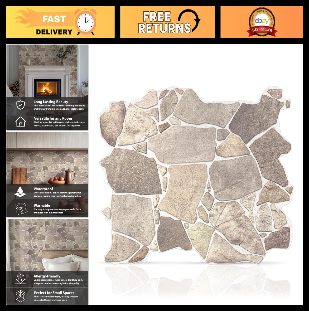 3D Faux Stone Wall Panels – Lightweight PVC, Pack of 10, Grey Beige Brown, 28.86