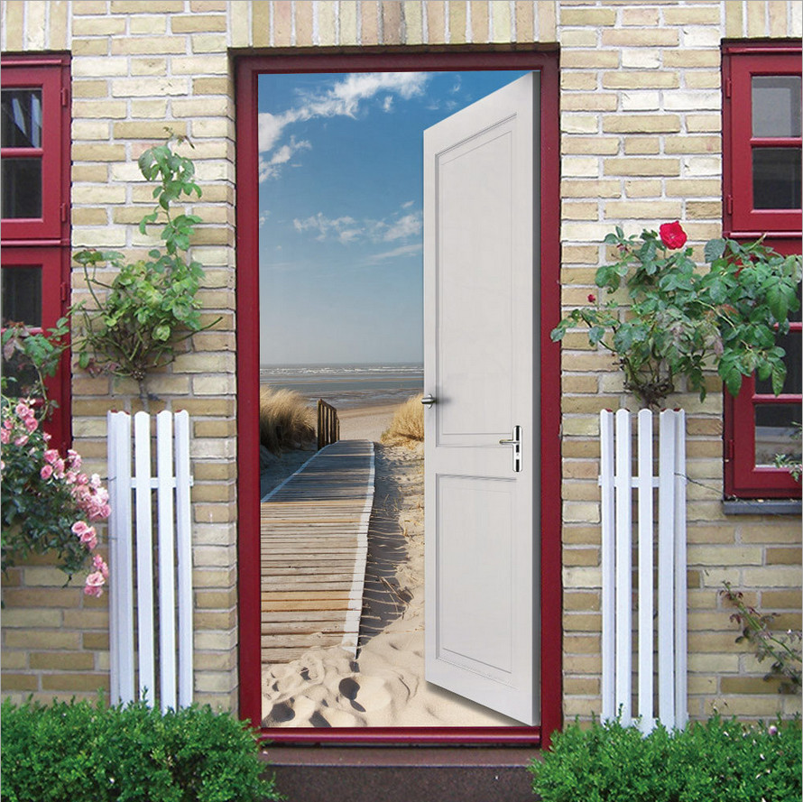 PVC Rustic Retro Wood Door Art Wall Decals Mural 3D Door Sticker Home Room Decor