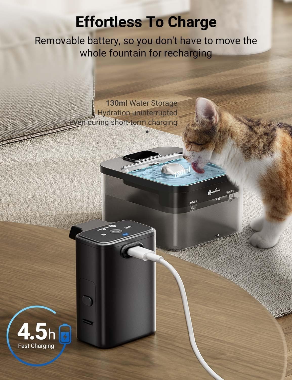 Cat Water Fountain Cordless, 84oz/2.5L Fursink Wireless Pet Water ABS Black