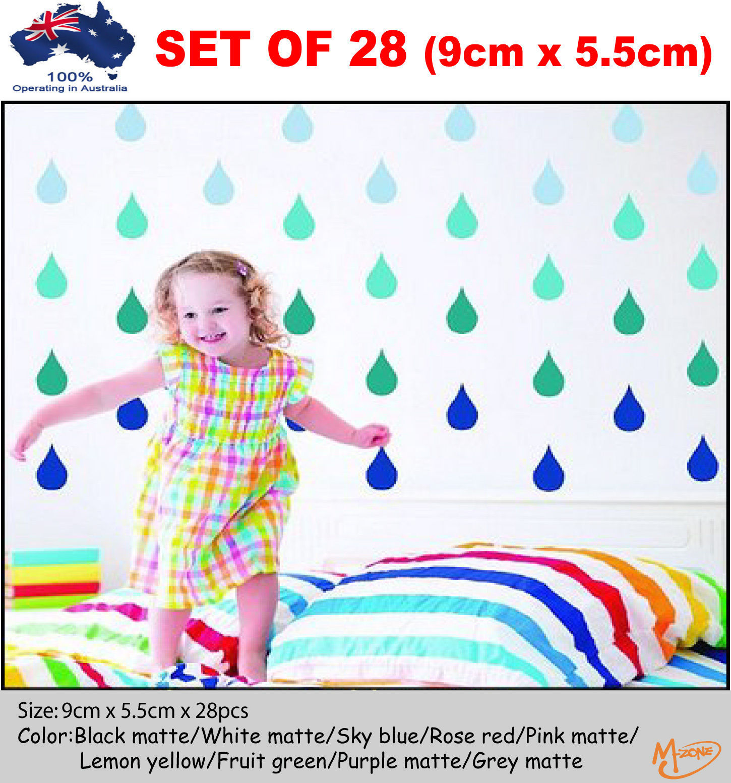 28 x "big" RAINDROP Wall Stickers 9×5.5cm Removable Nursery Kids Home Best Gift