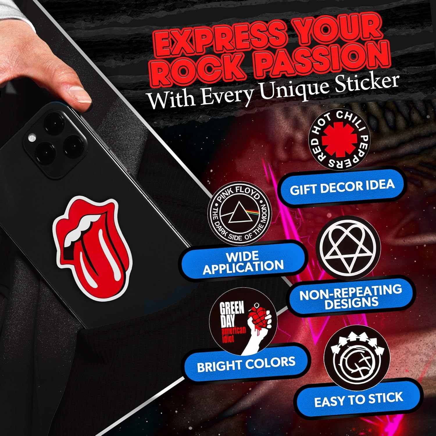 100Pcs Rock Band Vinyl Stickers Punk Metal Rock Decals for Laptop Guitar Bottle