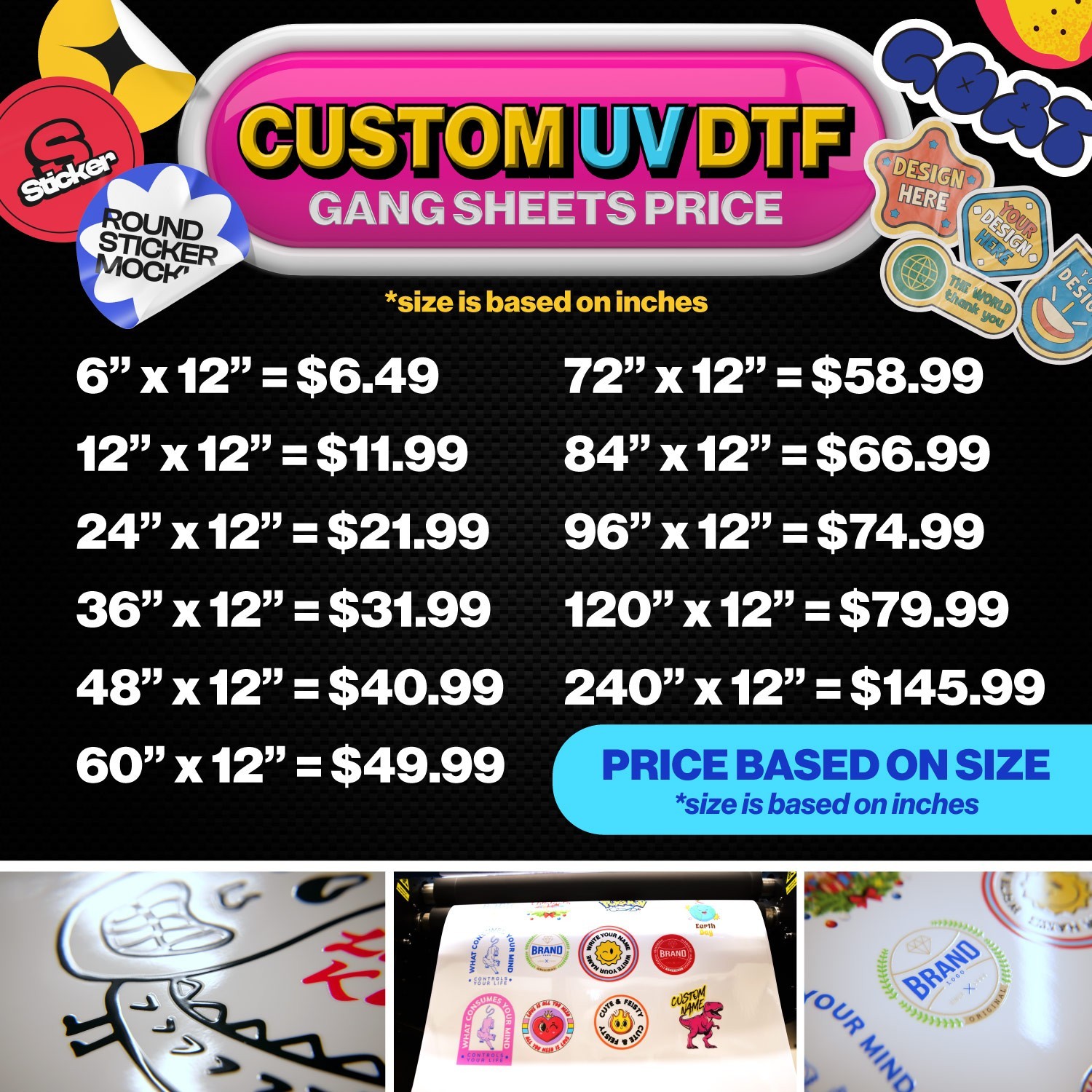 Design Your Own UV DTF Sticker Gang Sheet – Custom Sizes from 6" to 240"