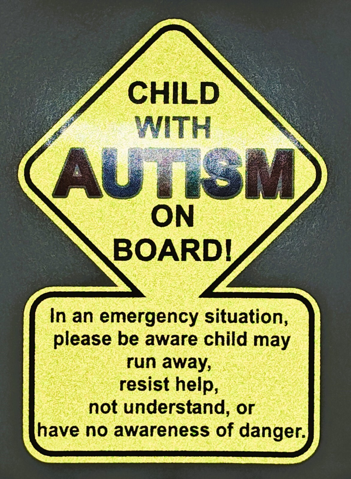 REFLECTIVE HiViz Autism Awareness Child on Board First Responder Warning Sticker