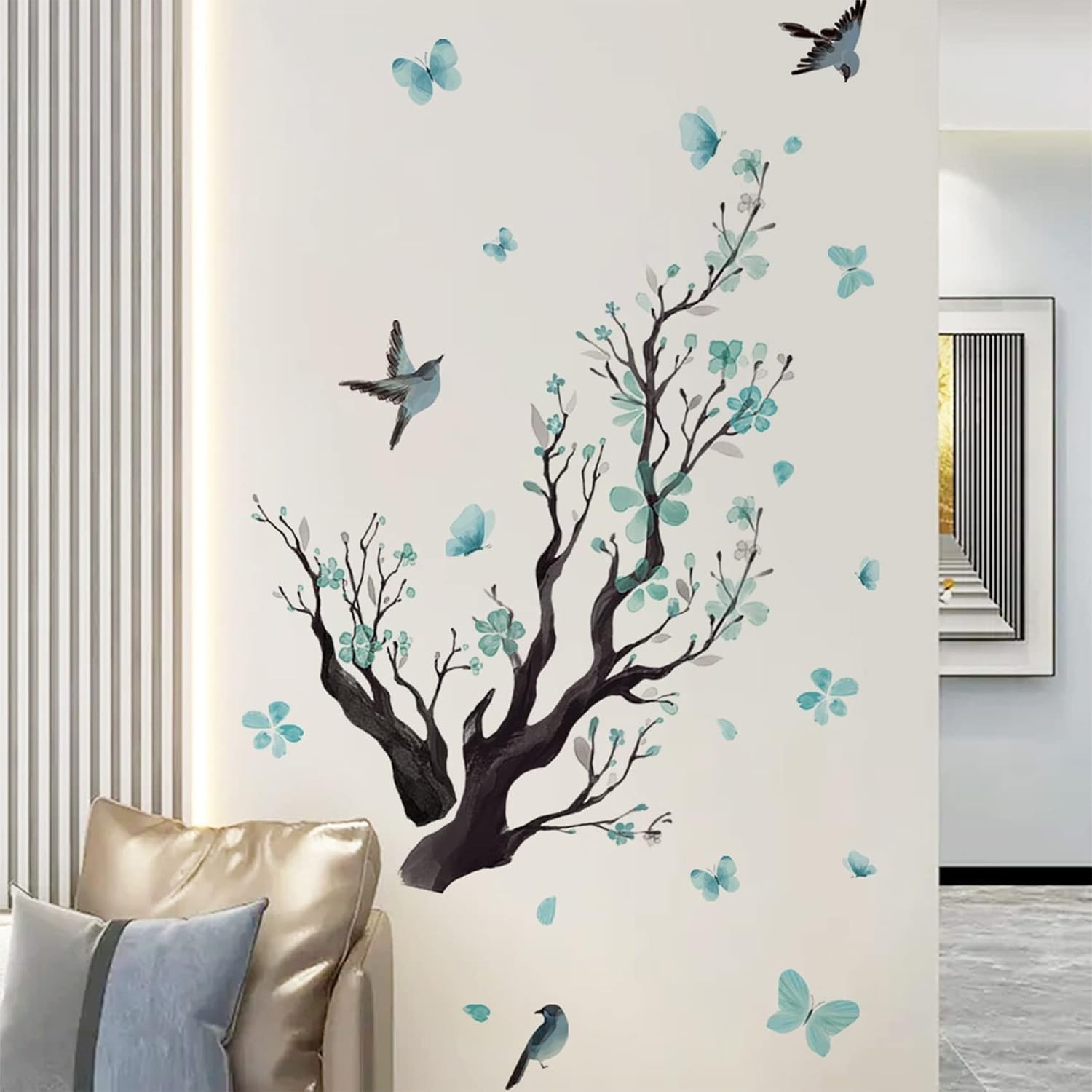 Blue Watercolor Flower Wall Decals Romantic Bird Tree Murals for Kids Rooms