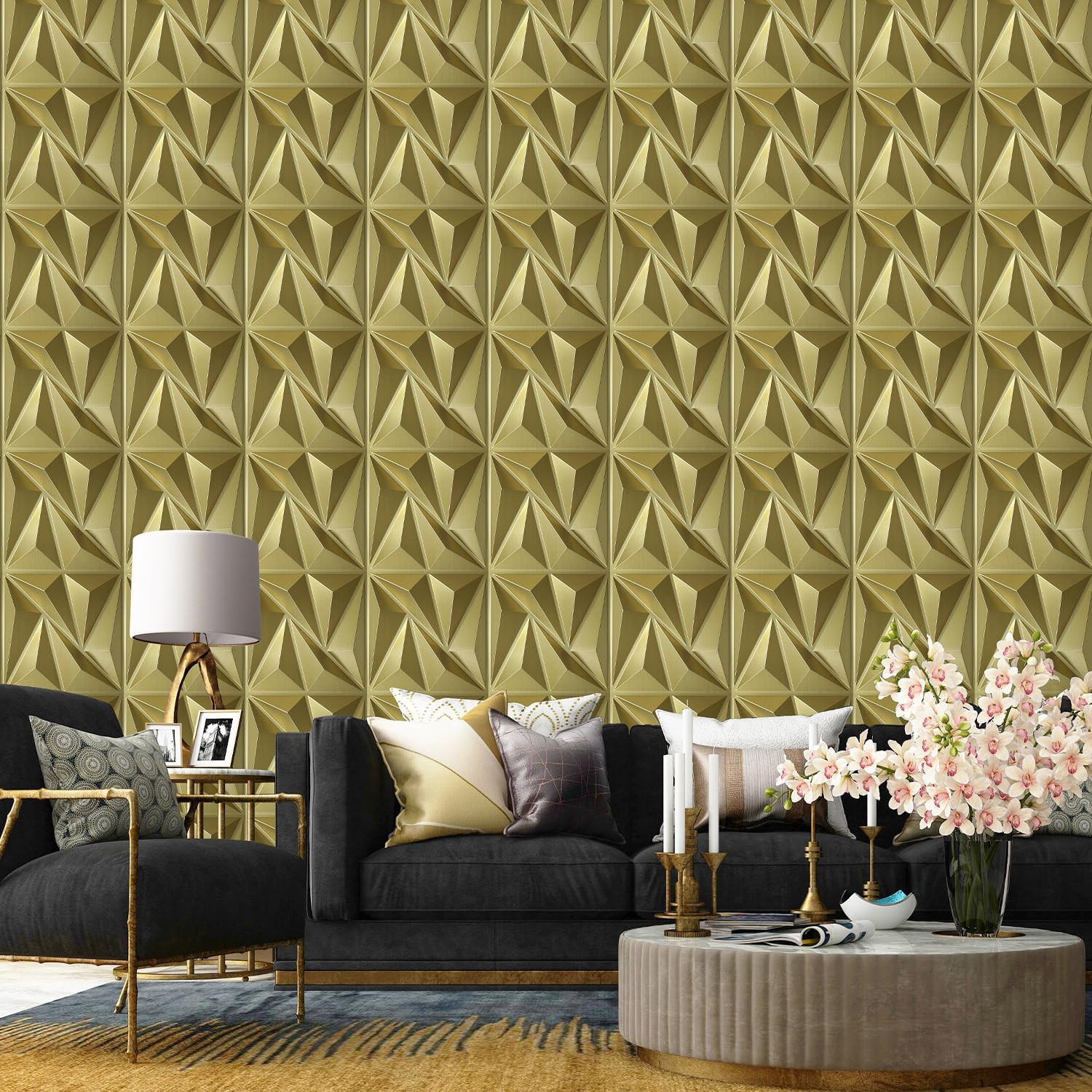 33 Pack 3D Wall Panels, 12"X12" Champaign Gold Accent Tiles for Home Decor
