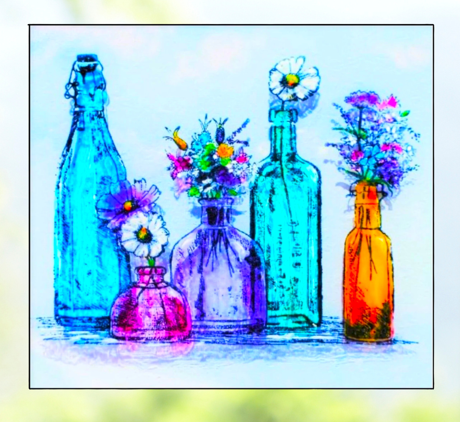 Wildflowers in Colorful Glass Bottles WINDOW CLING Size 9" Repositionable Vinyl