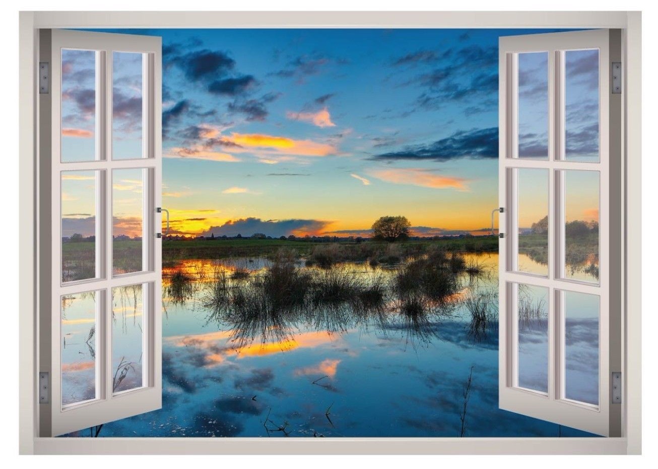 Lake Sunset Landscape Window 3D Wall Decal Art Mural Home Decor Canvas Vinyl W28