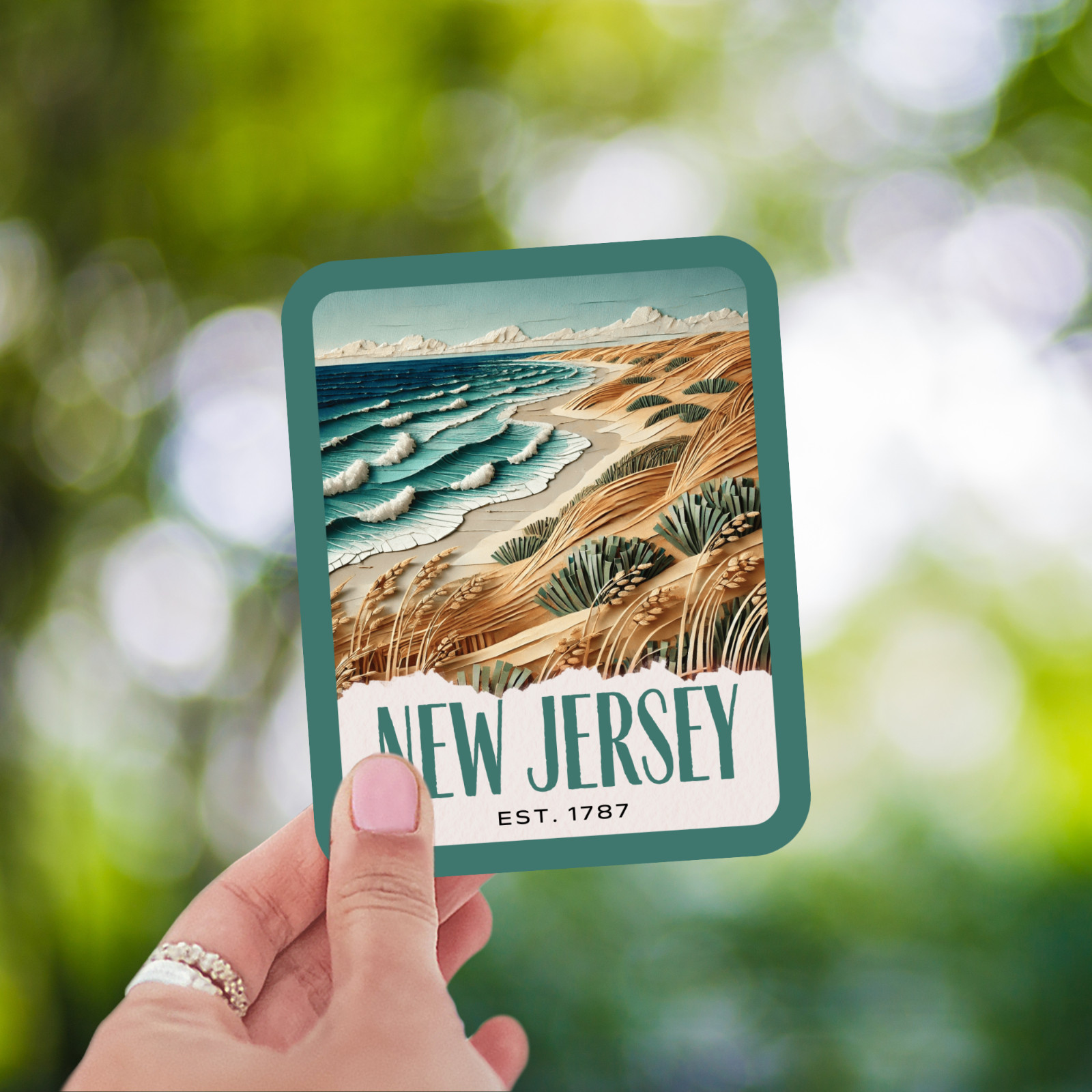 New Jersey State Sticker, Paper Collage Look, Scenic Island Beach Decal