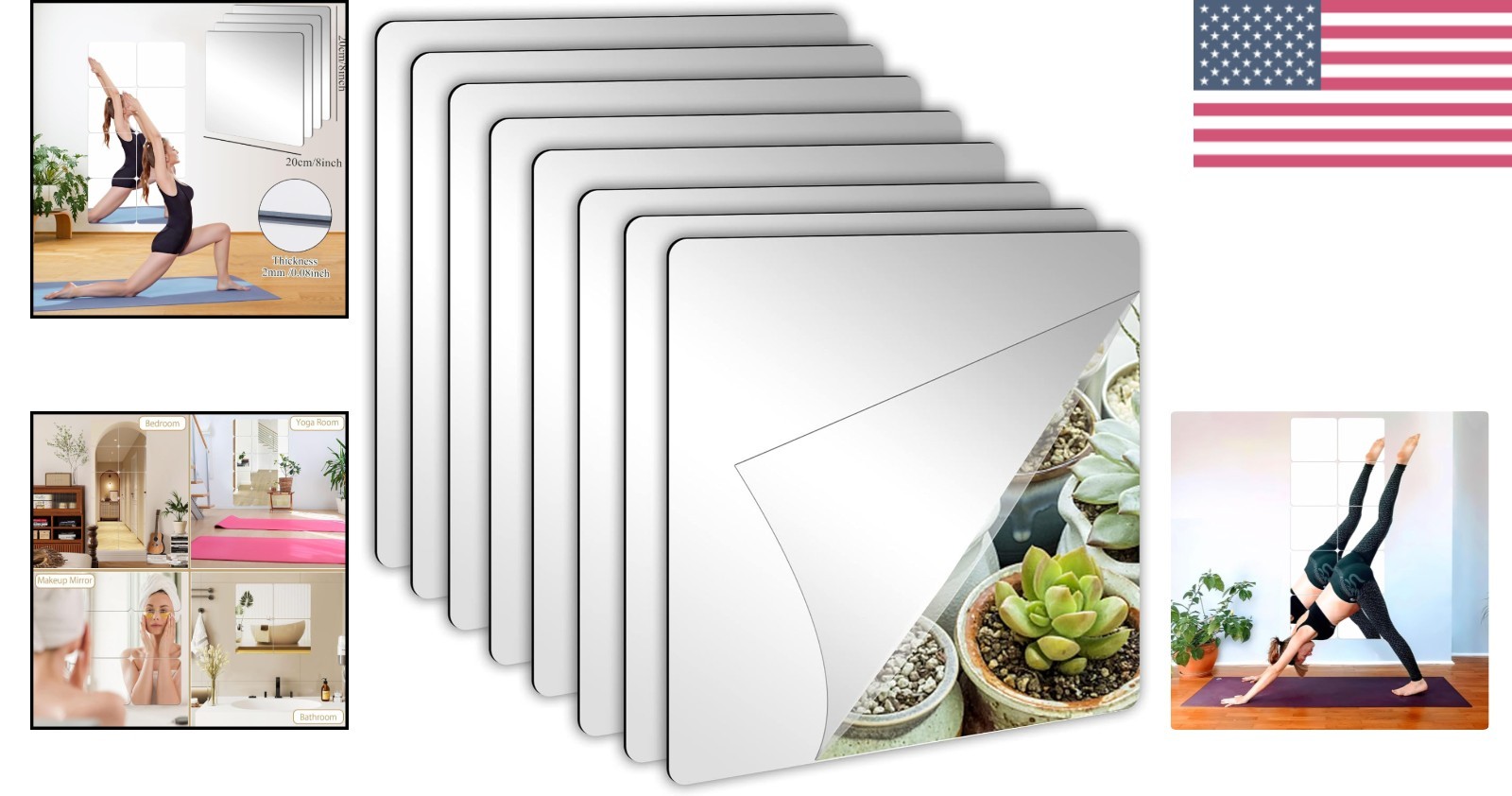 Frameless 8×8 Inch Self-Adhesive Acrylic Mirror Sheets – 8 Pack for DIY Decor