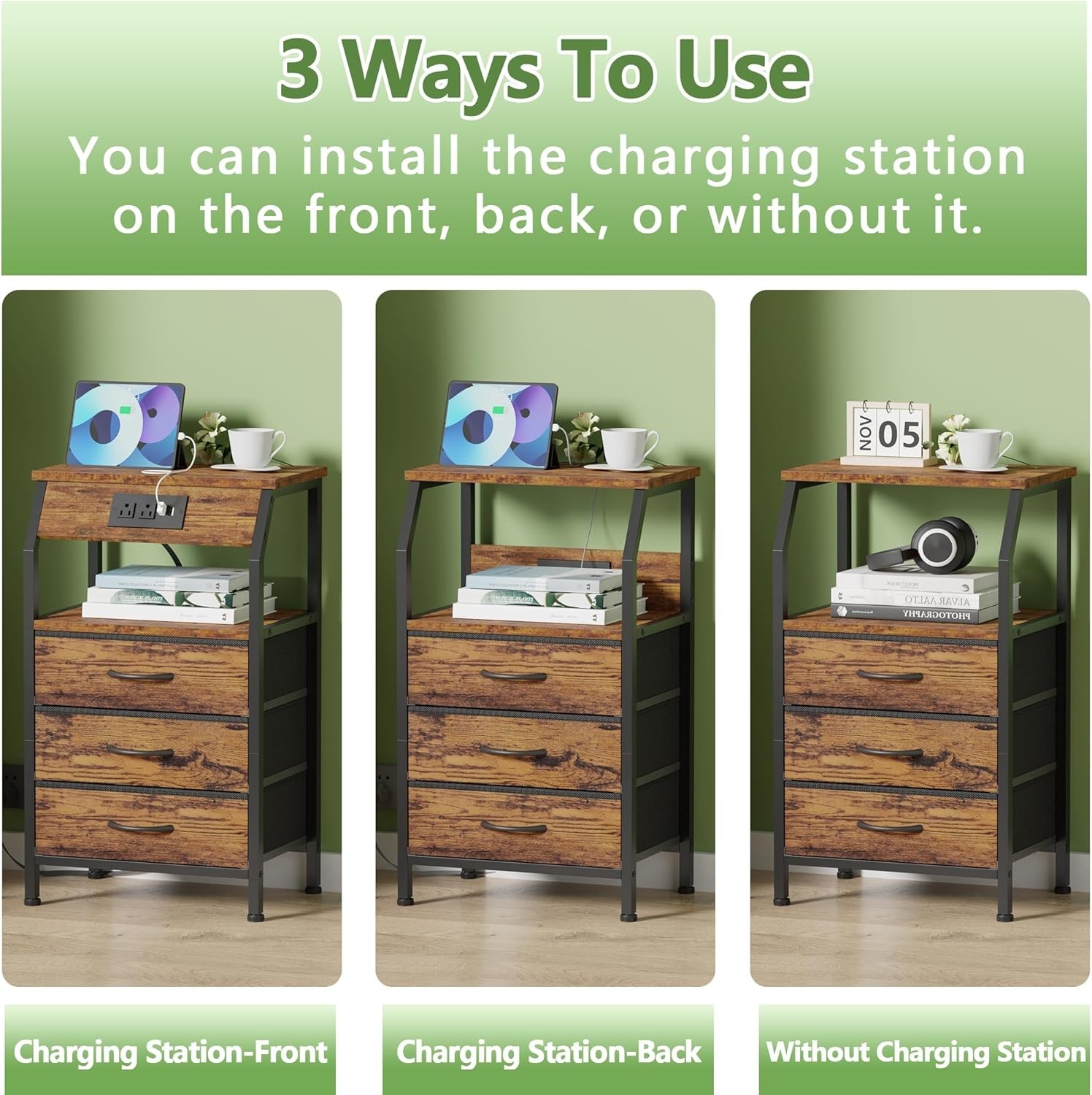 Night Stand with Charging Station, USB Ports and Outlets, 28.3 Inch Tall Beds…