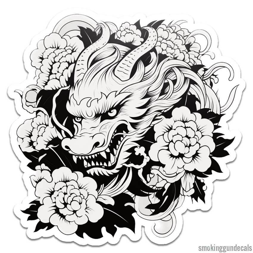 Oriental Dragon Flowers, Vinyl Decal Sticker, Indoor Outdoor, 3 Sizes, #12583
