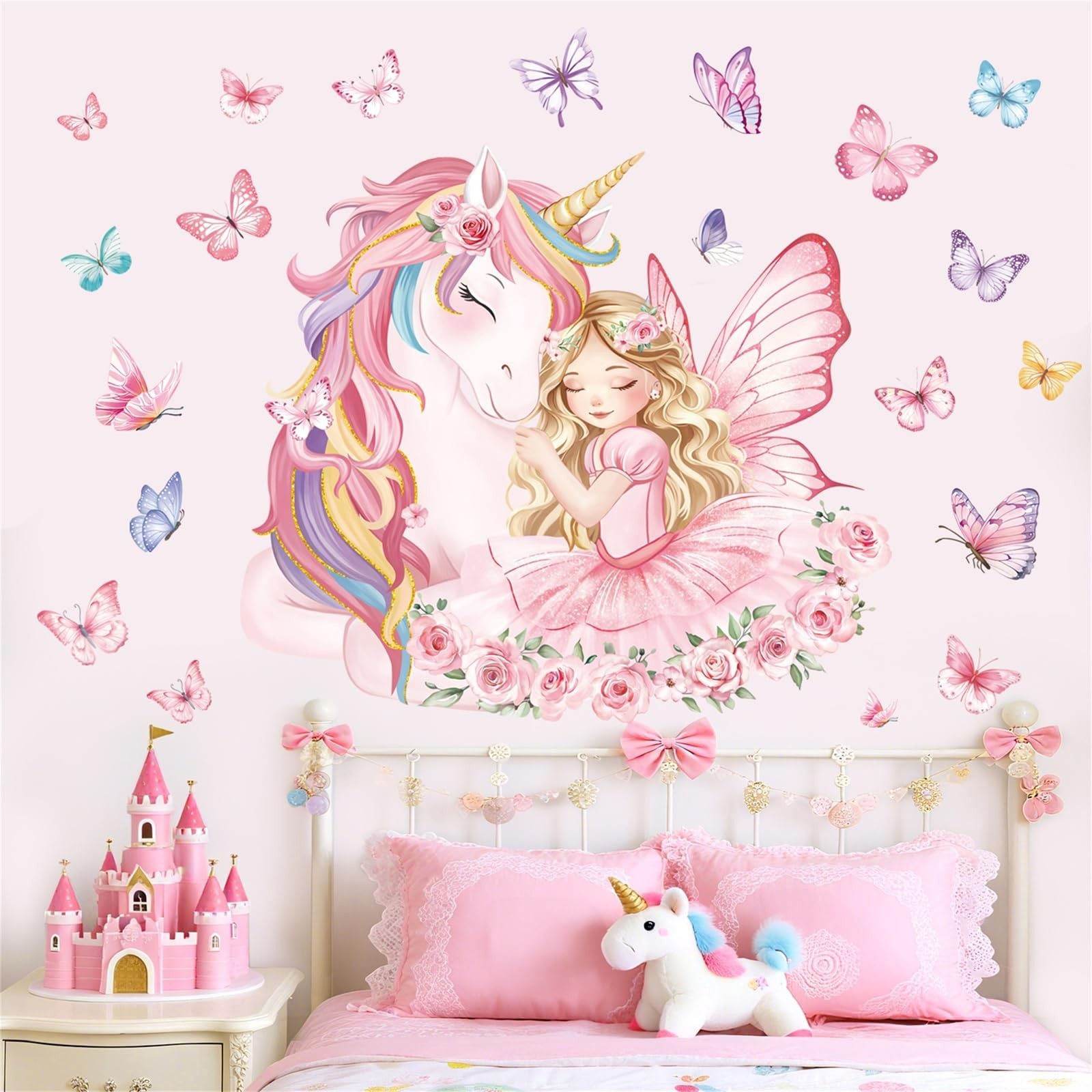 Large Unicorn Wall Stickers Pink Fairy Girl Butterfly Wall Decals Baby Nurser…