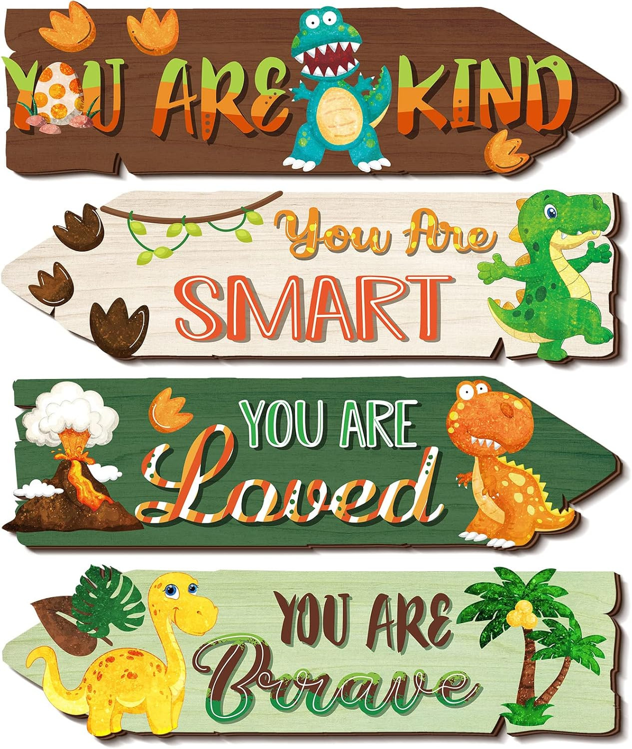 4 Pieces 11.2 X 3 Inch Dinosaur Motivational Wall Art Decors Dinosaur Wooden Han