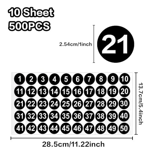 Number Stickers, Consecutive Number Stickers 1-50, 10 Sheets Round Black