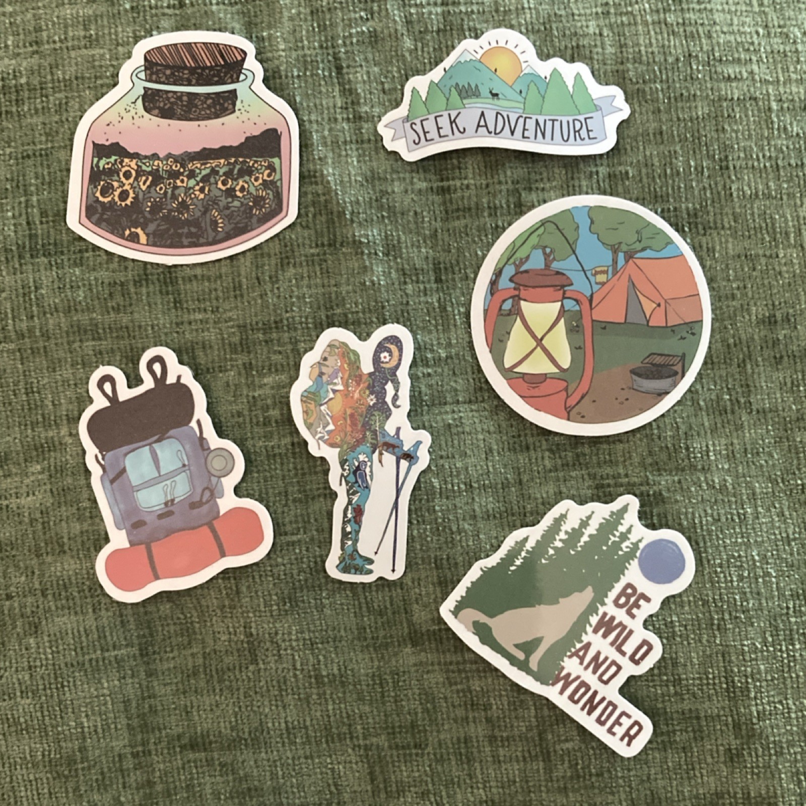 6 Multicolor Vinyl Stickers Set, Adventure Camping Nature Theme, Assorted