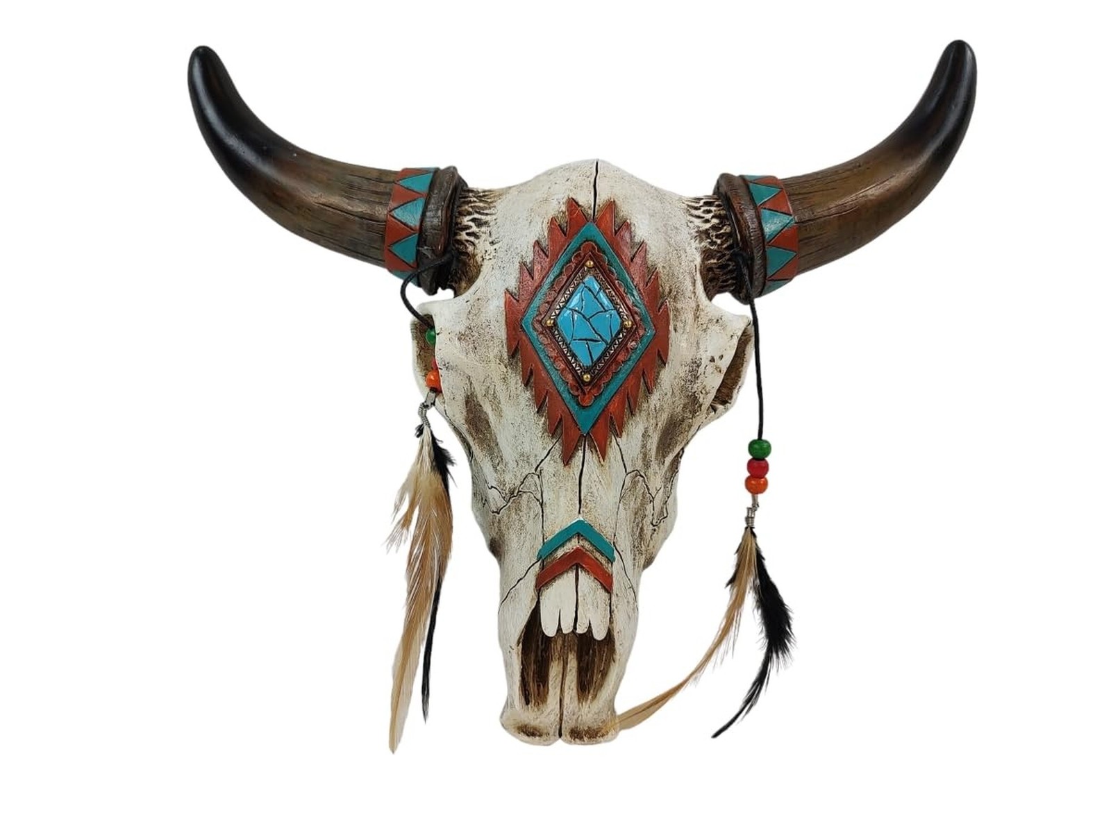 De Leon Collections Rustic Southwest Tribal Bull Cow Skull with Feathers, Bea…