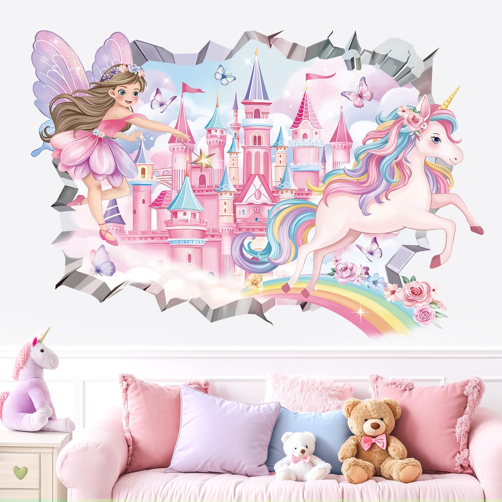 3D Fairy Princess Wall Decals Castle Unicorn Crack Hole Rainbow Wall Stickers…