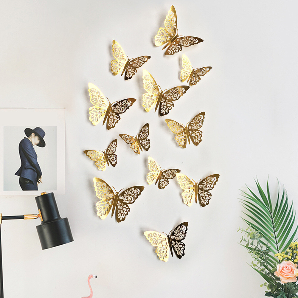 12 pcs 3d cute rose, silver, and gold butterfly wall decor, party, wedding, diy