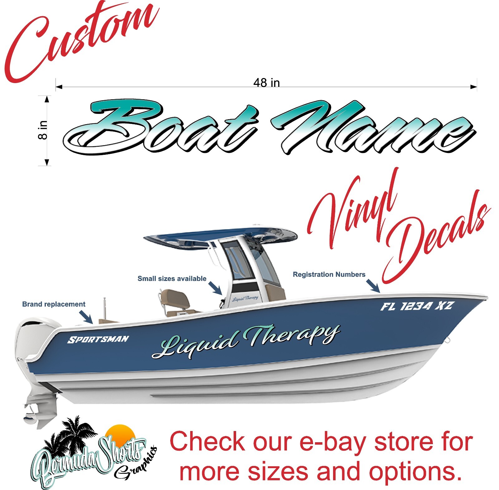 Boat Name Decal 8×48" / Custom Hull Graphic / Premium Marine Vinyl Lettering GR