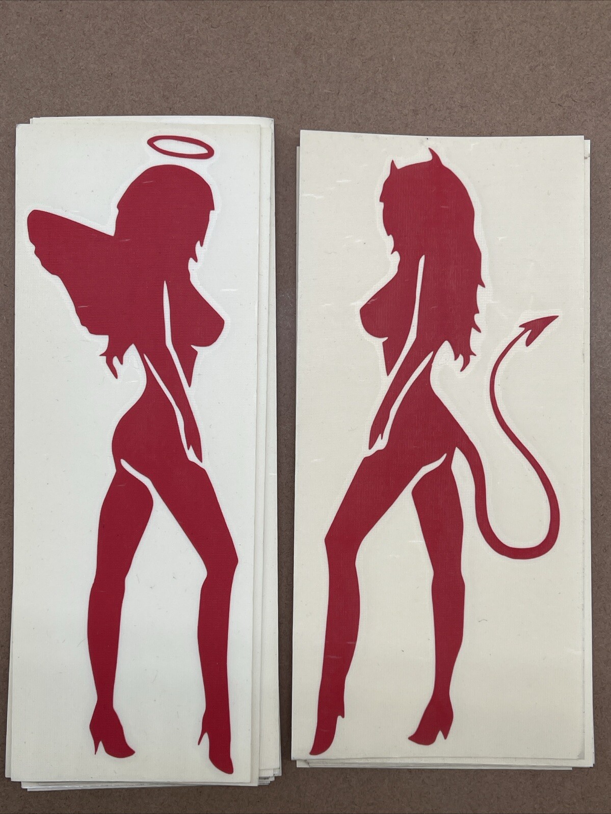 Set Of 2 Devil & Angel Girls Red Vinyl Decal: 8” X 3”, Not For Porous Surfaces