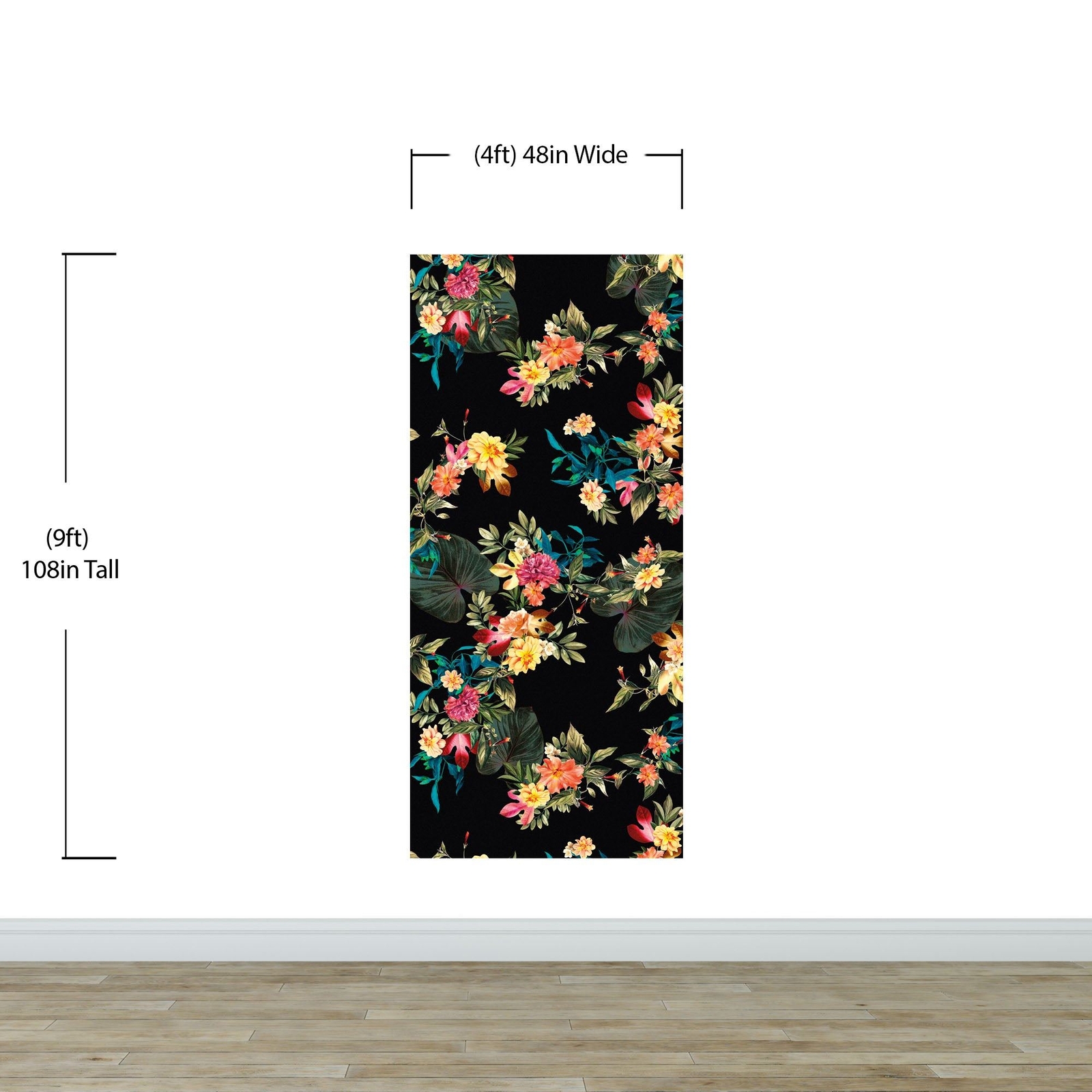 Tropical Flower Wall Mural. Paradise Botanical Flowers and Leave Black Backgroun