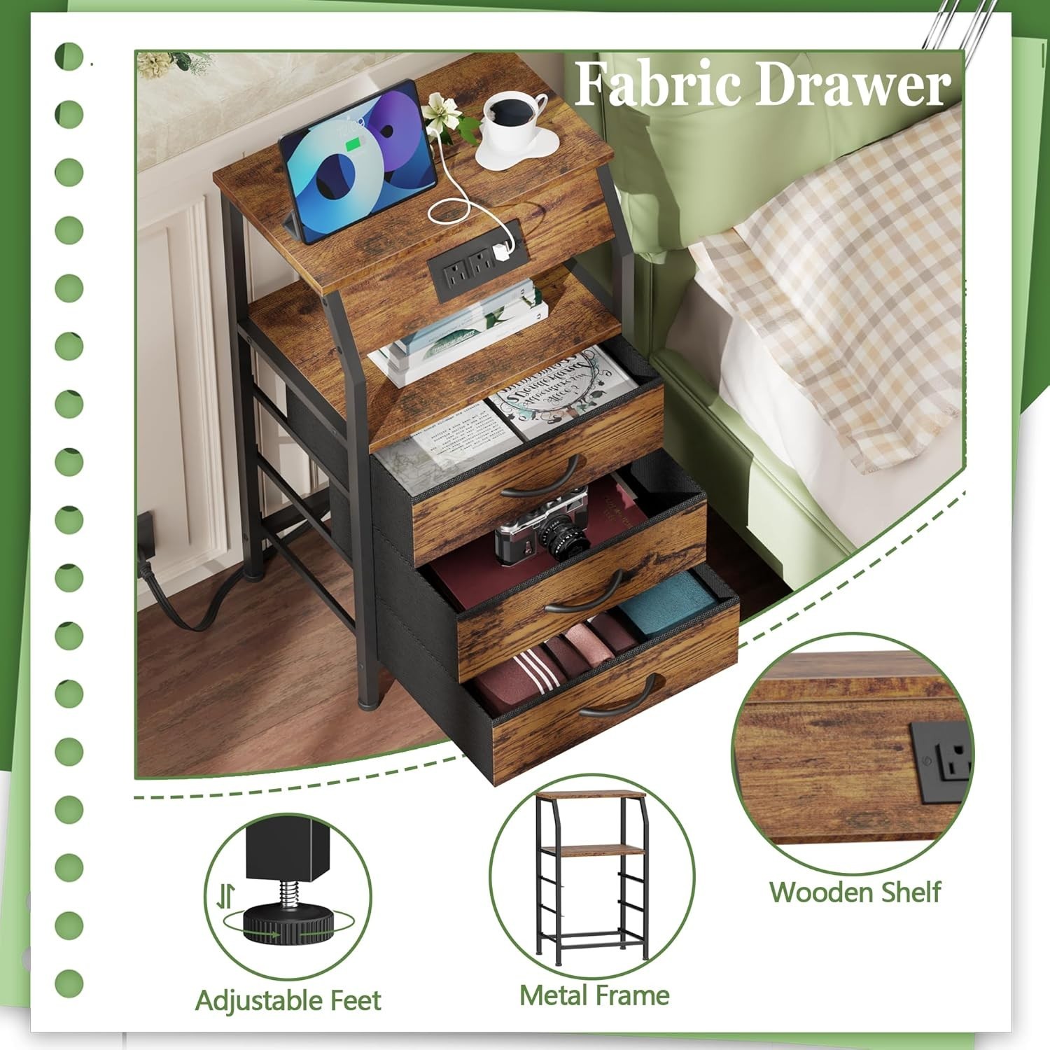 Night Stand with Charging Station, USB Ports and Outlets, 28.3 Inch Tall Beds…