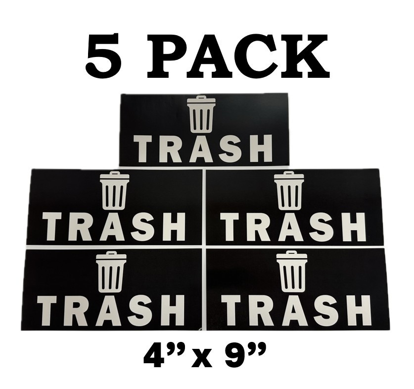 5 PACK! Trash Can Stickers, Set of Large 4" x 9" Labels for Waste Container Bins