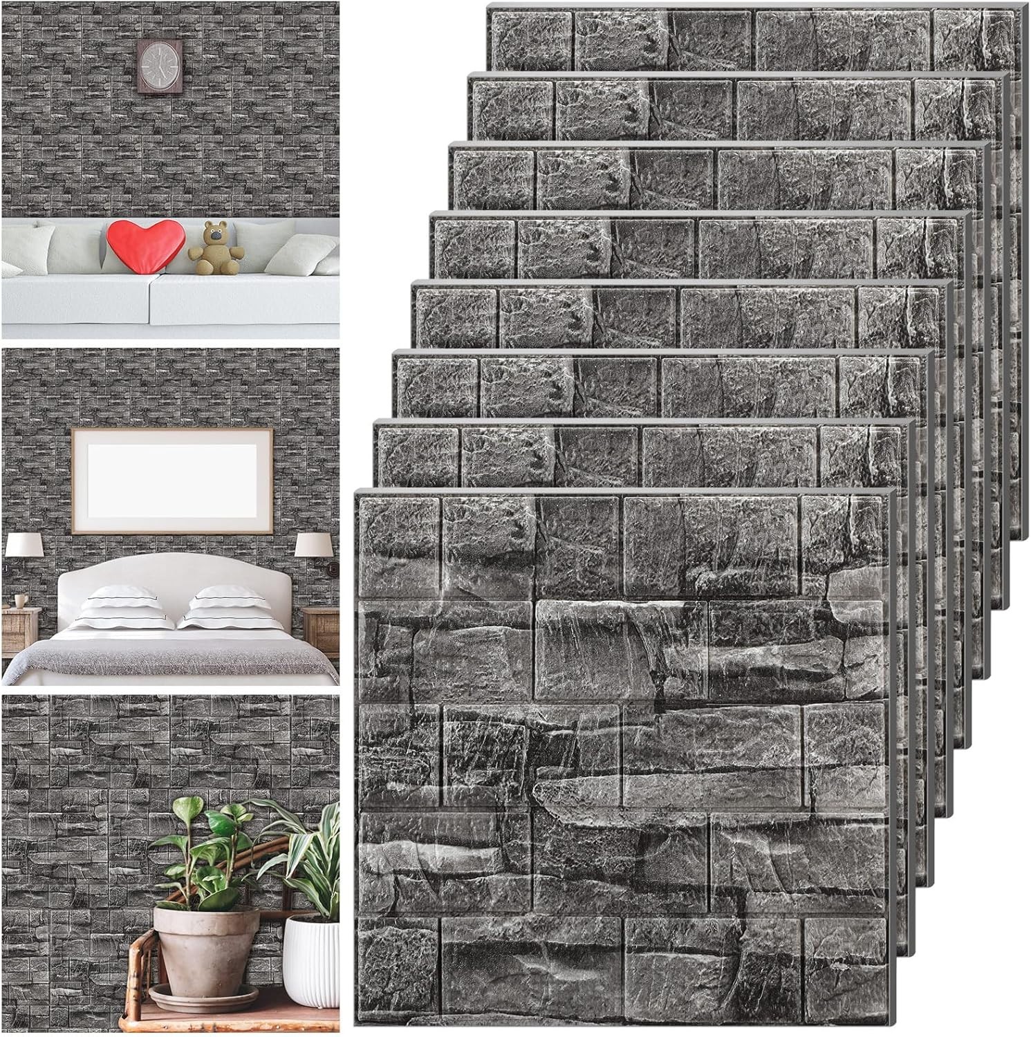 Peel Stick Brick Wallpaper 30 Panels 3D Foam Decorative Wall Tiles Black 28.8ft²