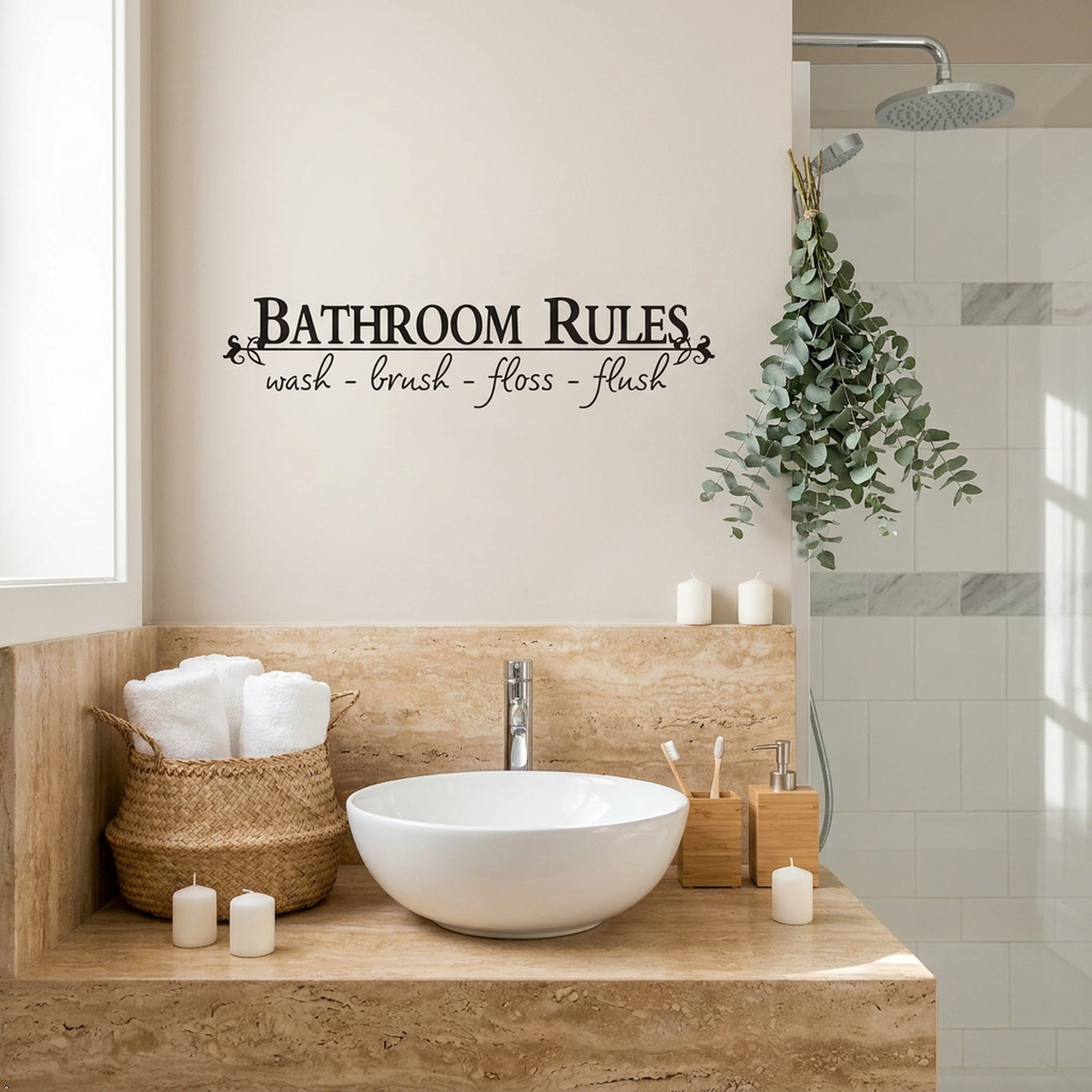 Bathroom Rules Wash Brush Floss Flush Quote Saying Wall Sticker Home Decal Decor