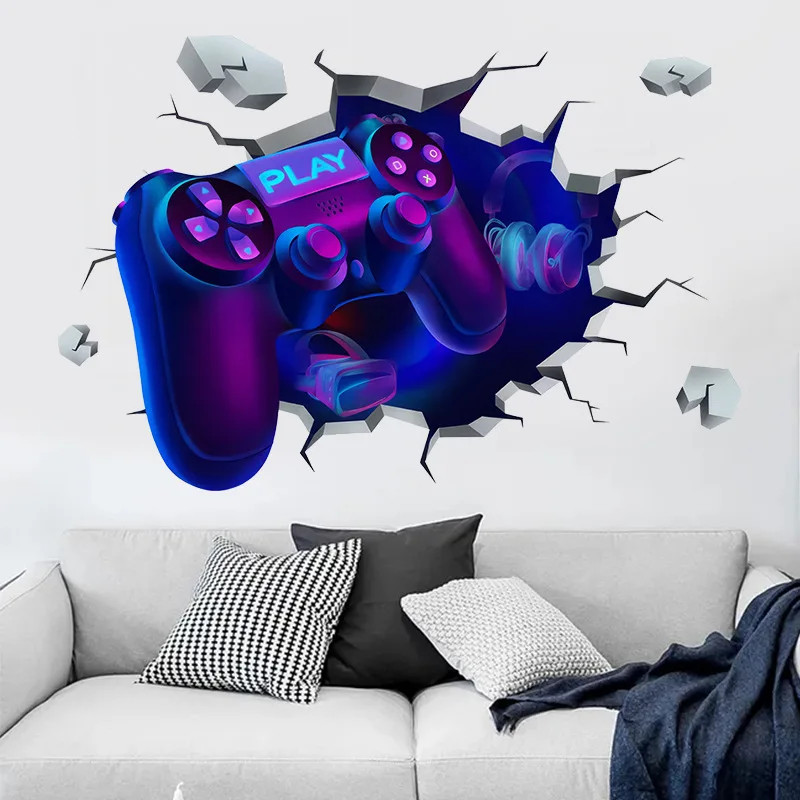 3D Broken Wall Gaming Controller Vinyl Sticker Kids Room Boy Bedroom Decor